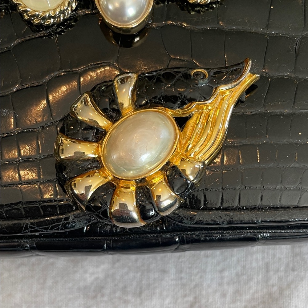 Judith Leiber Black Crocodile Clutch with Gold & Pearl Detailing - Picture 4 of 10